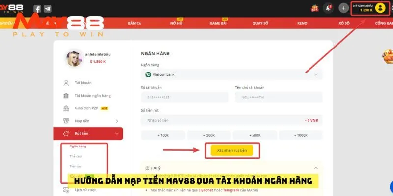 Hướng dẫn nạp tiền May88 qua tài khoản ngân hàng