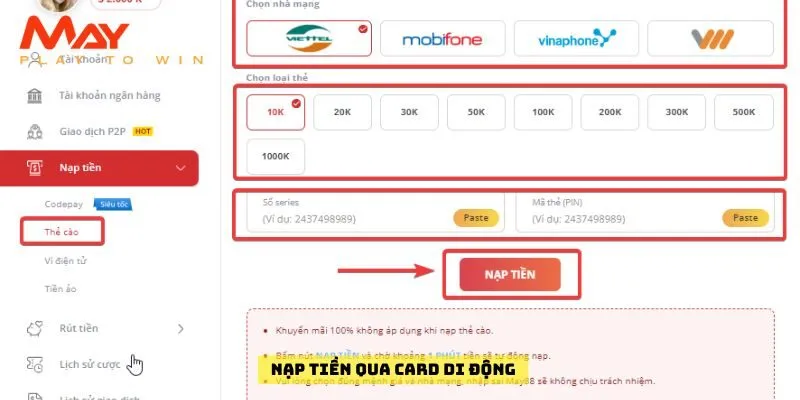 Nạp tiền qua card di động